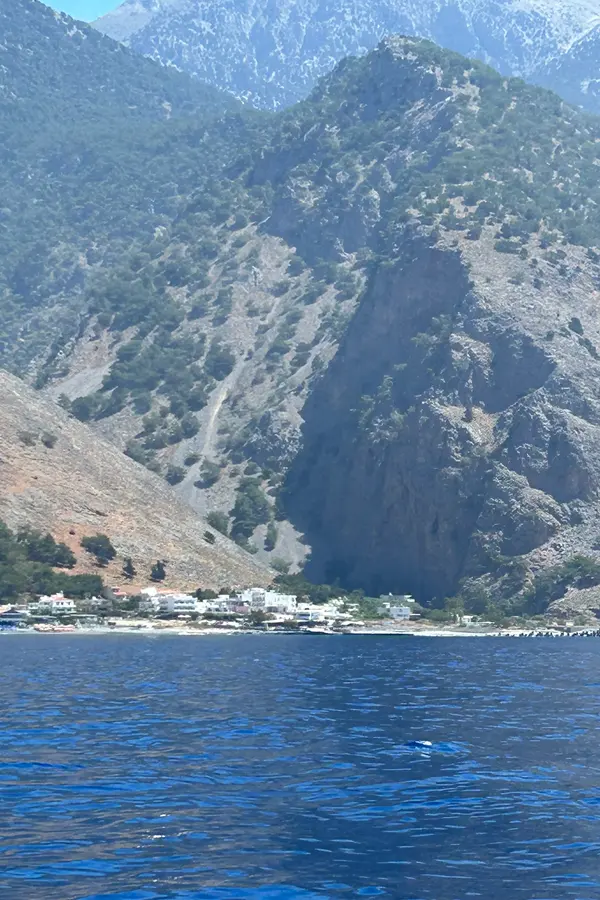 Coastal panorama overlooking the bay and the unique village settlement of Agia Roumeli, Crete.